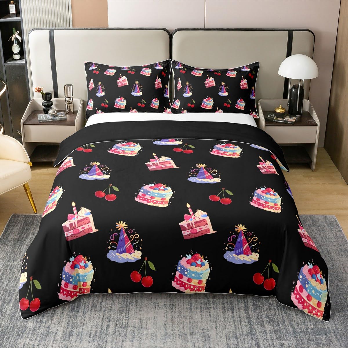 

Cake Duvet Covers King Cute Bedding Set For Kids Adults Girls Bedroom Funny Food Duvet Cover Birthday Gifts Cake Bed Cover 3 Pcs EU Single(135x200cm)
