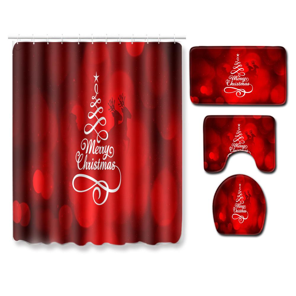 Christmas Printed Shower Curtain Floor Mat Four-Piece Bathroom Toilet Non-Slip Absorbent Carpet Toilet Non-Slip Door Mat