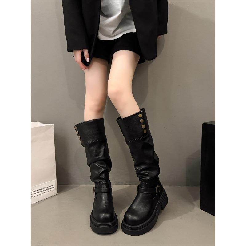 New Mid-calf Thick-soled Fashion Shoes for Women in Autumn and Winter with Belt Buckle Long Boots