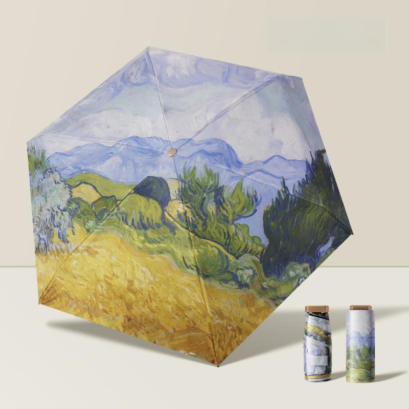 Mini Flat Pocket Umbrella Oil Painting Flower Anti UV Sunscreen Compact Folding Parasol