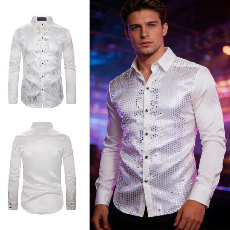 Men's Shines Sequins Long Sleeve Button Down Shirt for Halloween Cosplay 70s Disco Party Dress Shirt