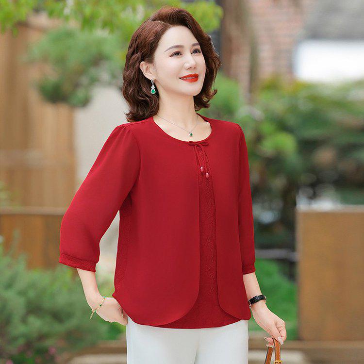 Elegant Chiffon Lace Shirt for Mid-aged & Senior Women, Lightweight, 3/4 Sleeves, Loose Fit, Fashionable