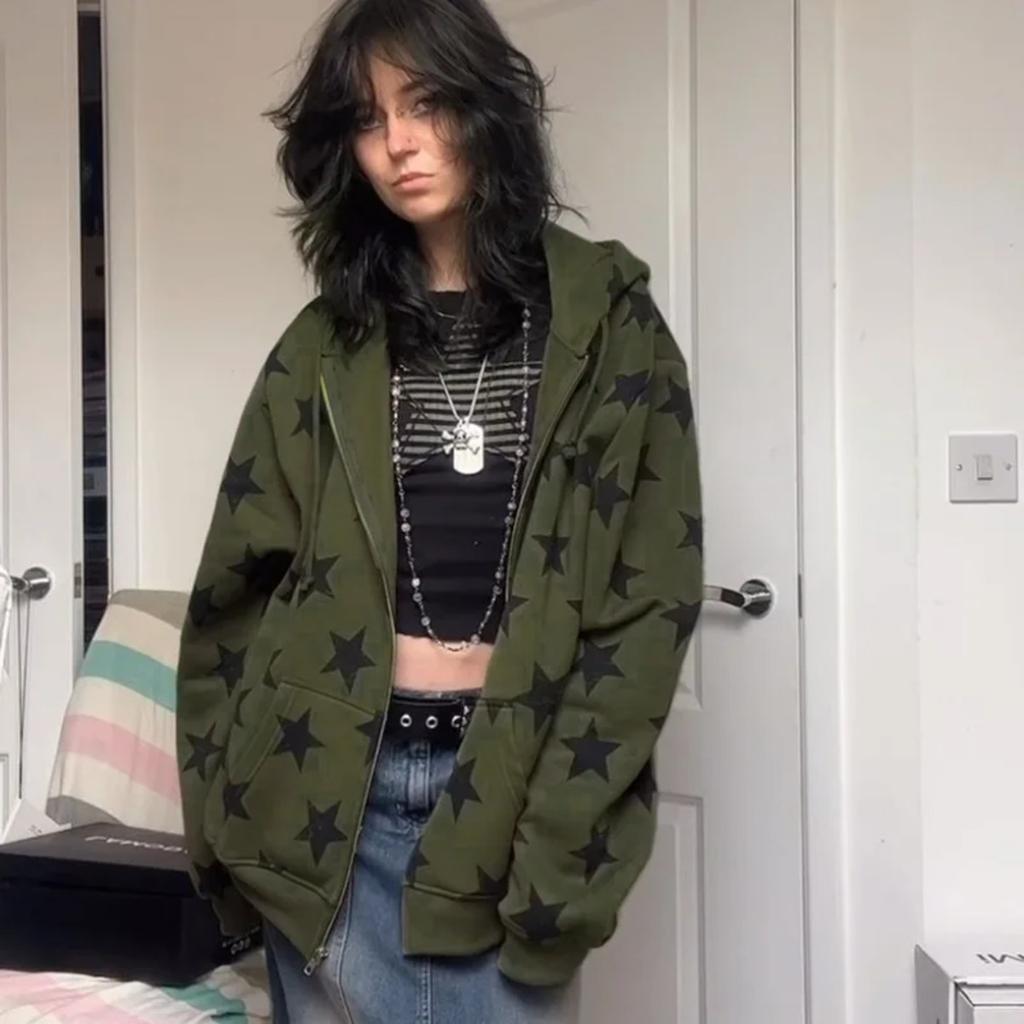 2KWEIRD Y2k Vintage Gothic Damen Hoodie Mode Sterne Print Reißverschluss Herbst Winter Hip Hop Langarm Jacke Mantel Locker Kapuzenpullover