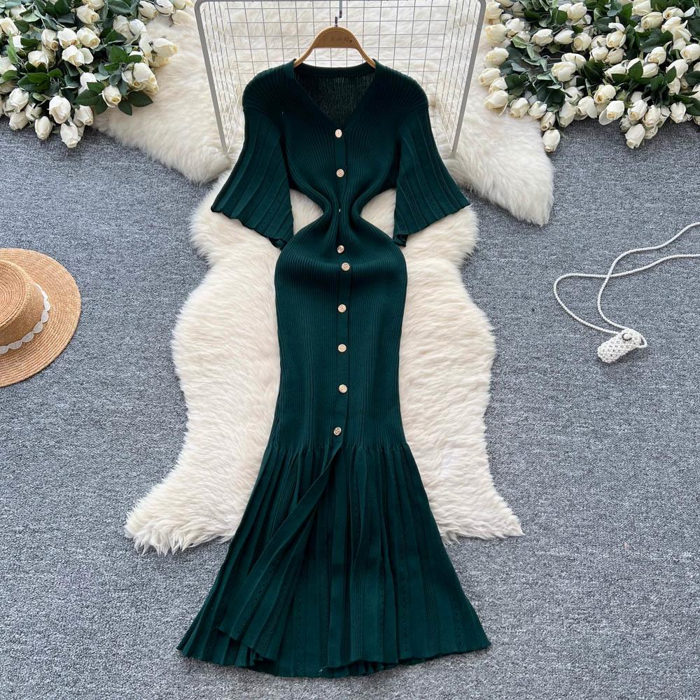 Sommer Damer Elegant V-hals Enkeltspent Strikket Futteral Genser Lang Maxi Fishtail Kjoler