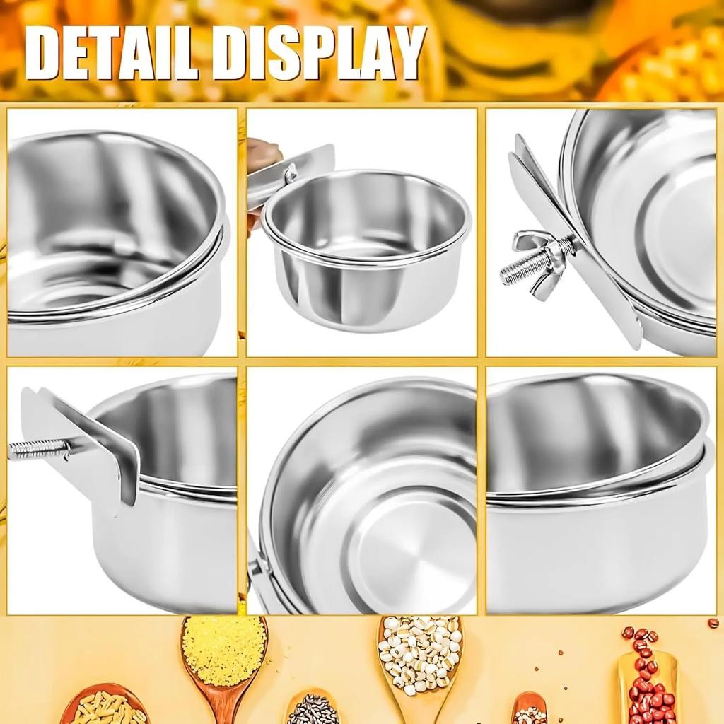Stainless Steel Bird Bowl Cup Dish with Clamp Parrot Food Water Dishes Birdcage Feeder for Cockatiel Budgie Conure Macaw