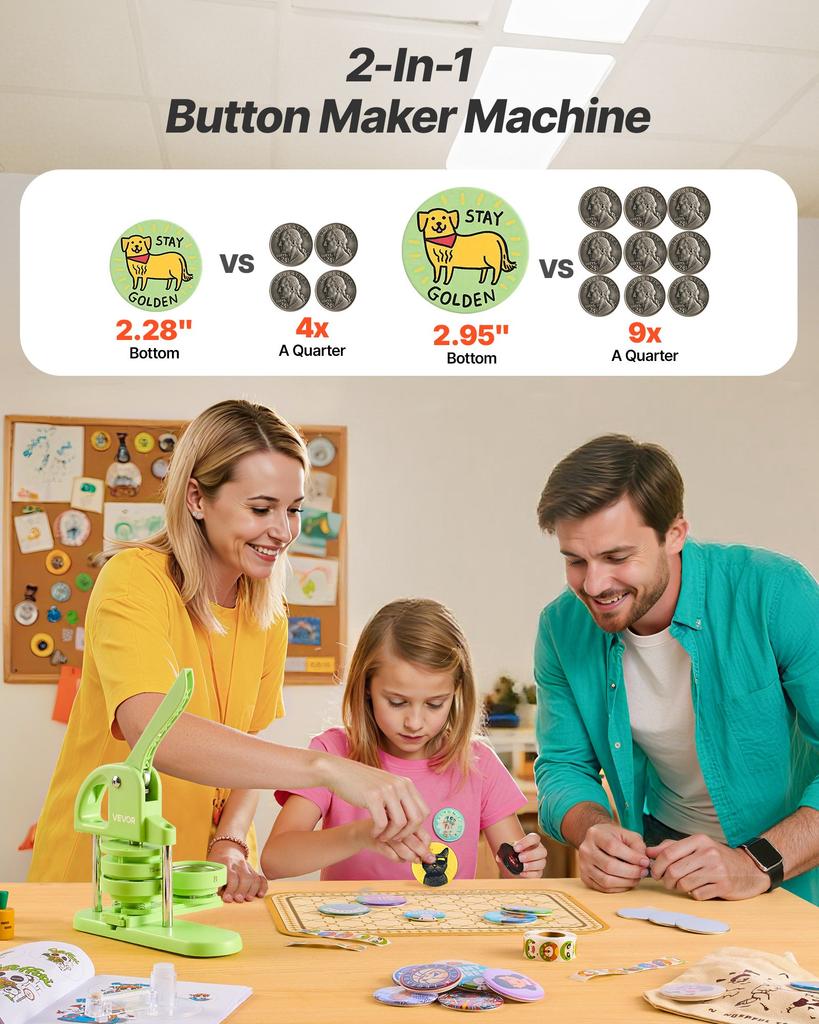 VEVOR Button Maker Machine, 58 Mm / 75 Mm 2-in-1, Plastic Pin Maker with 200 Pcs Button Parts, Circle Cutter and Magic Book