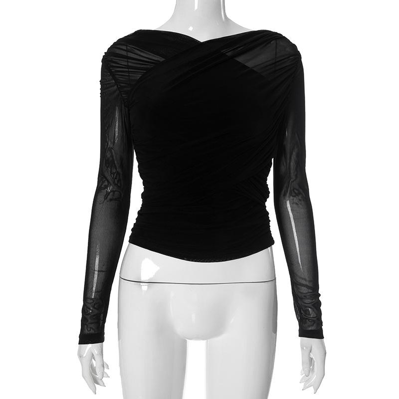 

GMXIA Женская осенняя однотонная сетчатая сексуальная плиссированная футболка с длинным рукавом для женщин M чёрный