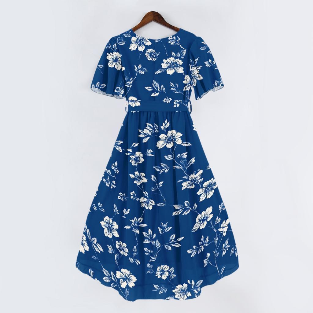 Women's Casual V Neck Short Sleeve Floral Print Dress Midi Length Lightweight Summer Dress with Elastic Waist and Flared Skirt