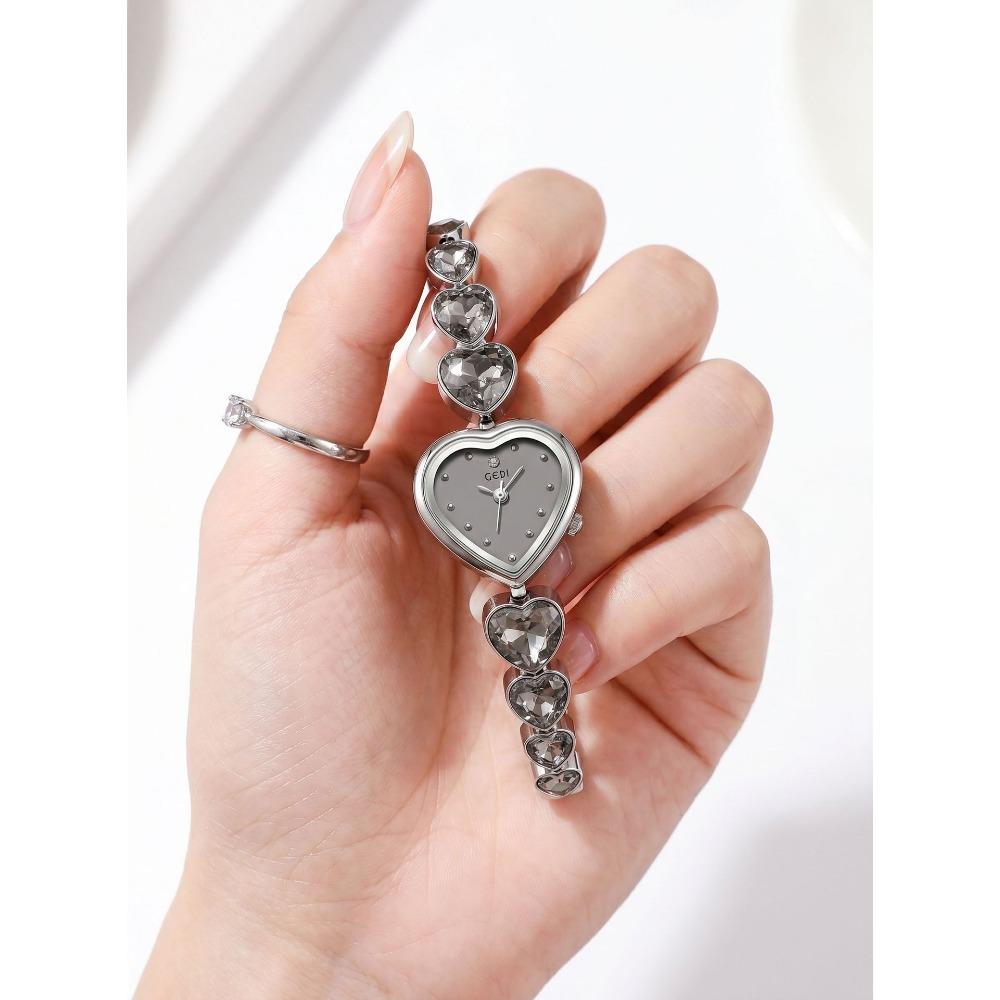 GEDI Women Quartz Wrist Watch Heart Shaped Dial Rhinestone Decor Metal Link Bracelet Waterproof Dress Watch