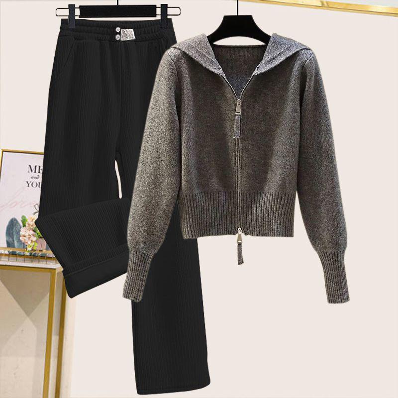 Sweet Autumn & Winter Women's Double Zipper Hooded Knitted Sweater Set