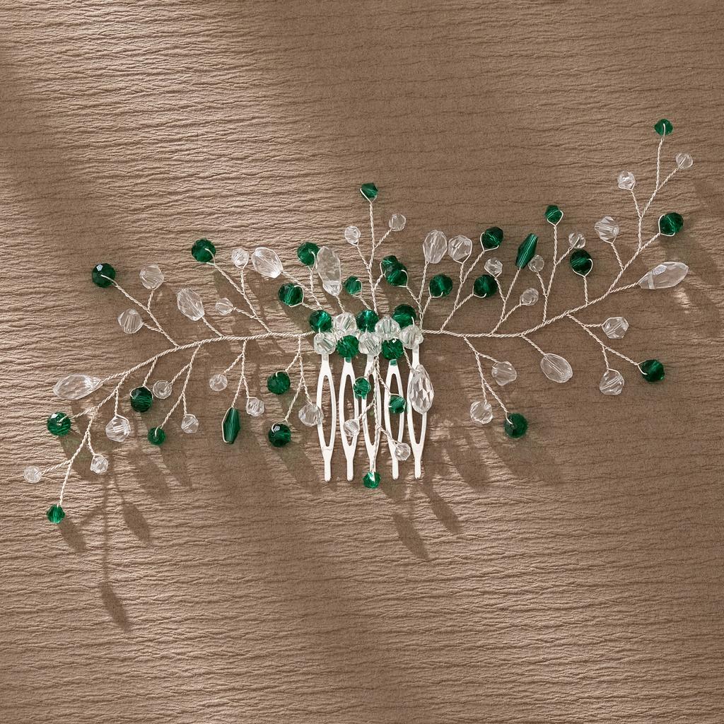 Retro Alloy Rhinestone Plug Comb Handmade Leaf Green Crystal Headdress Antique Hanfu Jewelry Bridal Hair Comb