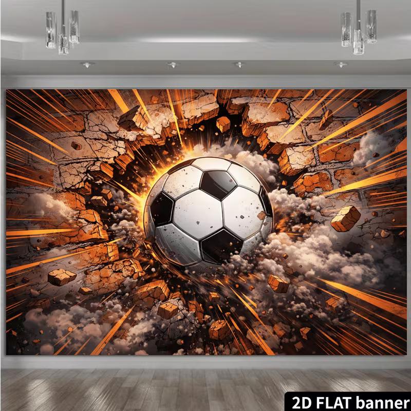 2D Soccer Ball Breaking Through Brick Wall with Explosion Effects Backdrop