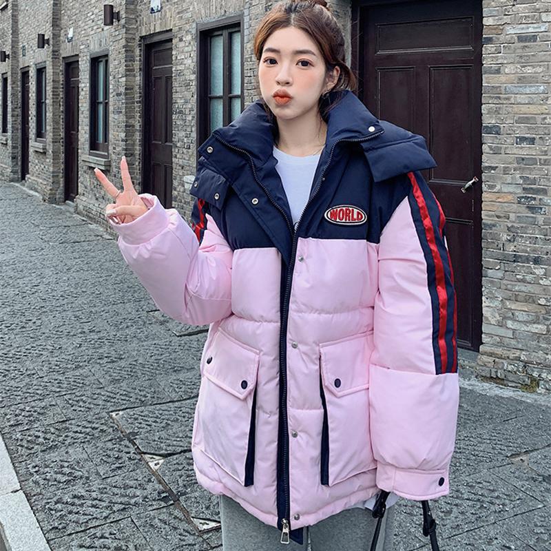 Jesienna i Zimowa Kurtka Bawełniana Puchowa w Bloki Kolorystyczne Wersja Koreańska Luźna i Gruba Kurtka Bawełniana Ciepła Kurtka Bawełniana Kurtka