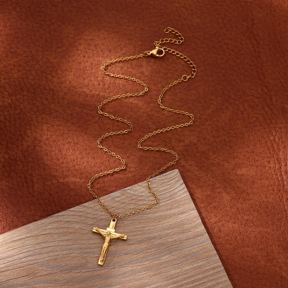Stainless Steel Jesus Cross Necklace For Women Men Gold Color Caravaca Angels Crucifix Charm Choker Rapper Jewelry Hip Hop Gift