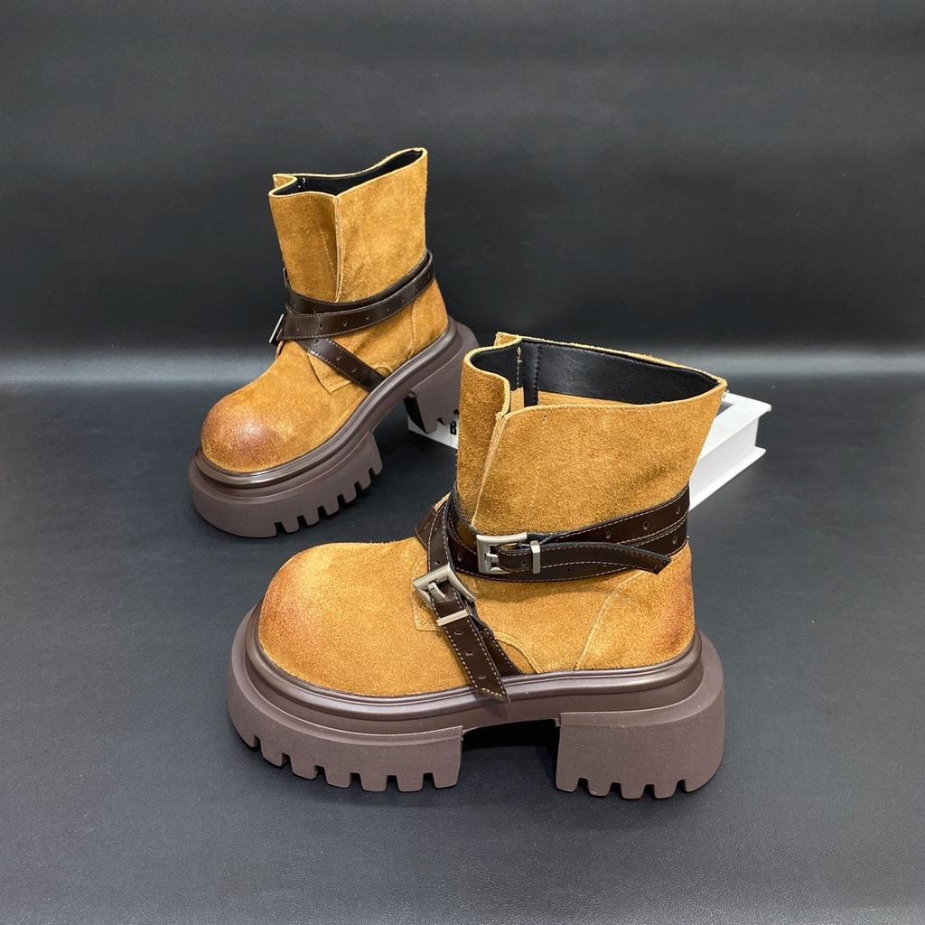 Retro belt buckle thick-soled Martin boots for women's 2025 new fashionable versatile casual and comfortable rhubarb boots