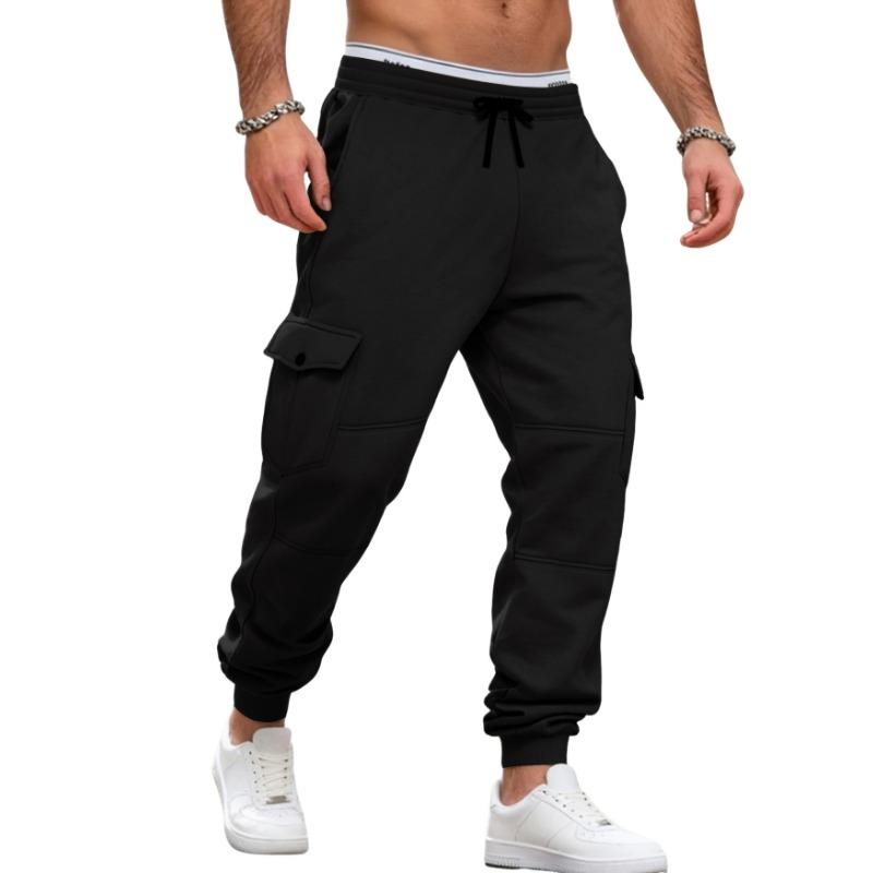 Autumn Winter Men's Fashion Fleece Overalls Multi Pocket Drawstring Sports Casual Jogging Pants