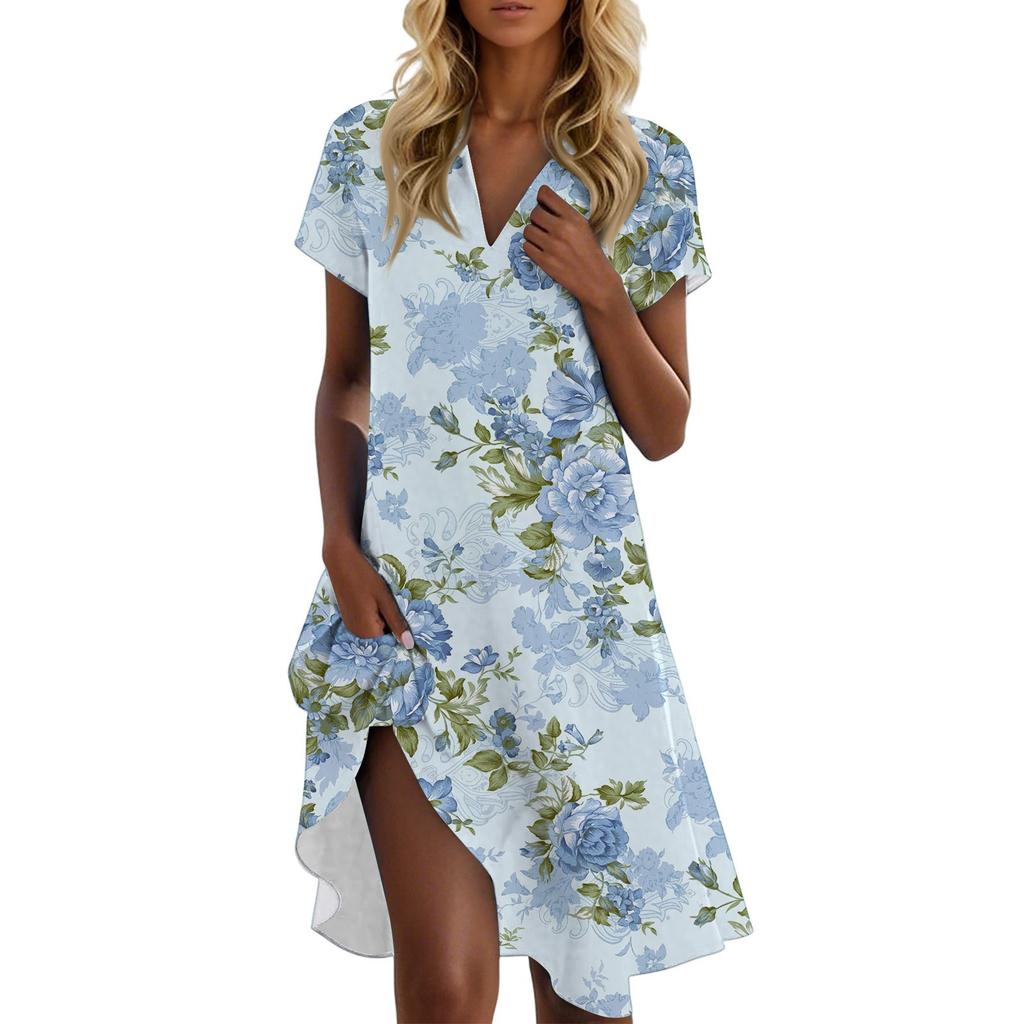 Women's Casual Fashion Stand Collar Floral Print Short Sleeve Dress