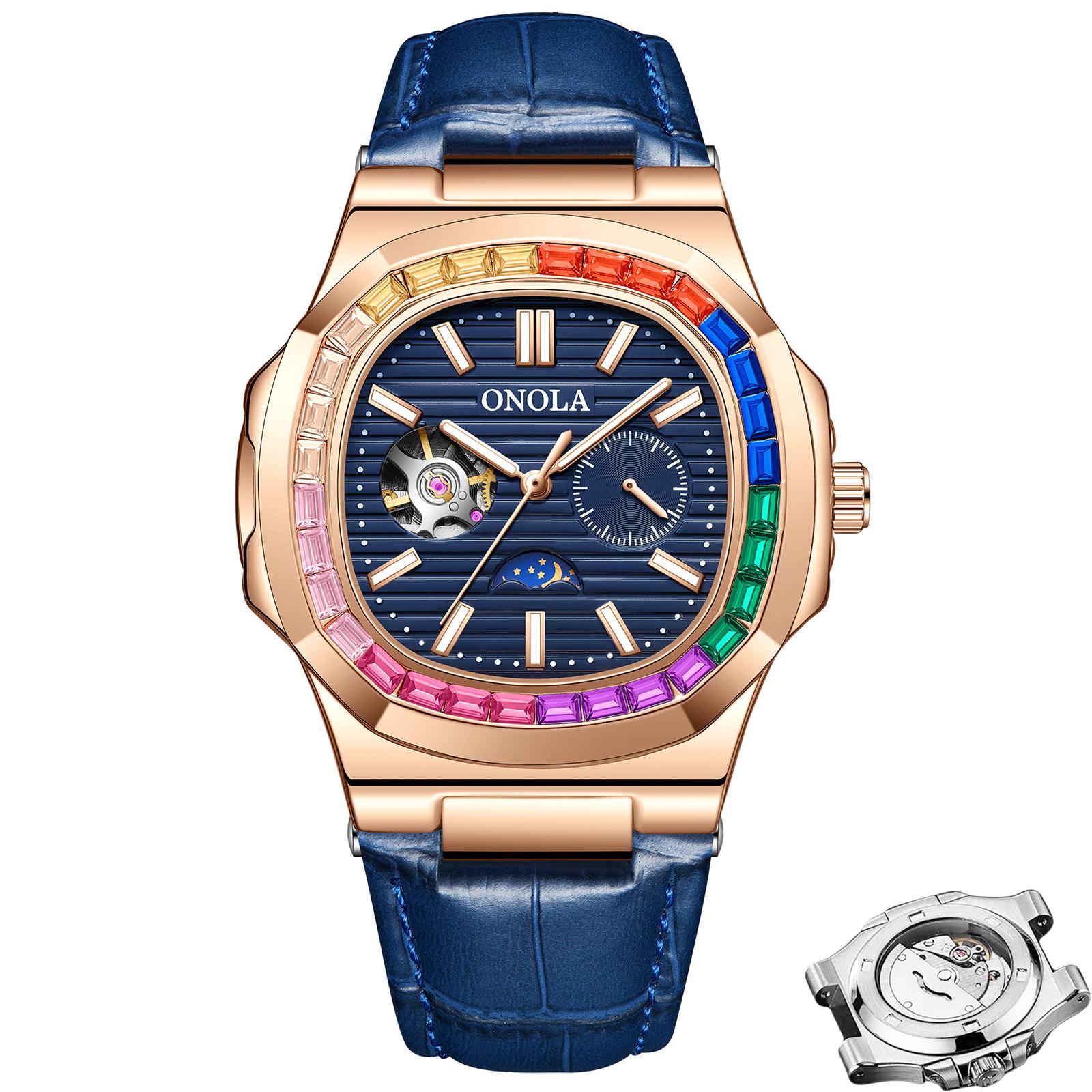 

Полностью автоматические механические часы мужские турбийон полые бриллианты циферблат фазы Луны водонепроницаемые светящиеся мужские часы праздничный подарок часы синий/ярко-розовый