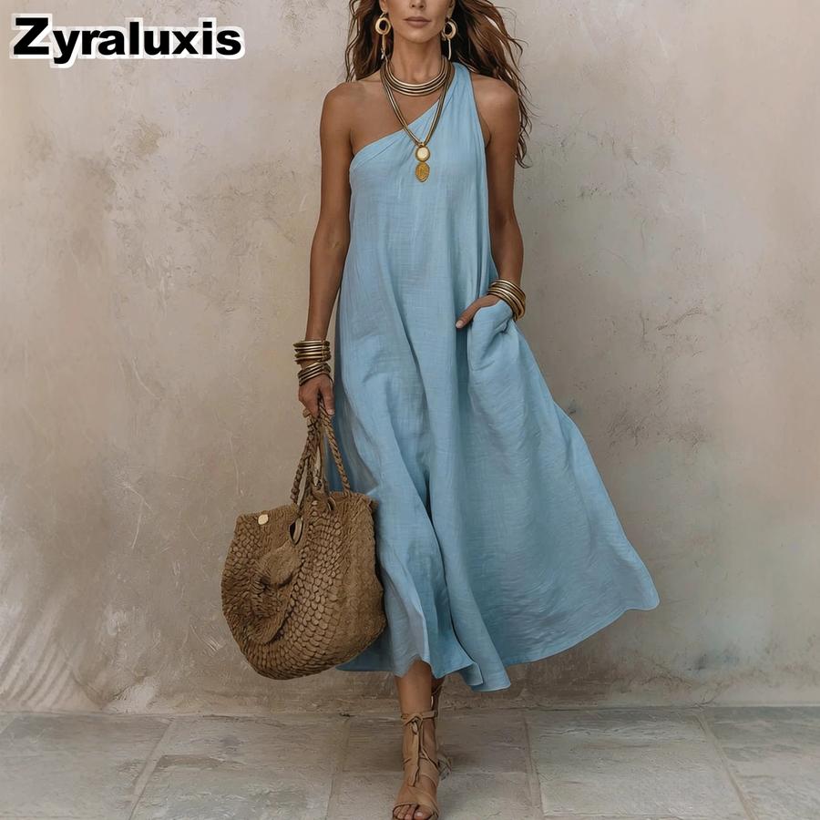 Neues Damen-Schulterträger-Einfarbiges Retro-Urlaubs-Ärmelloses Kleid S blau