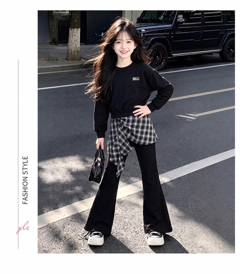 Girls' Korean Style Plaid Hoodie & Flare Pants Set - Autumn Two-Piece Outfit 2026