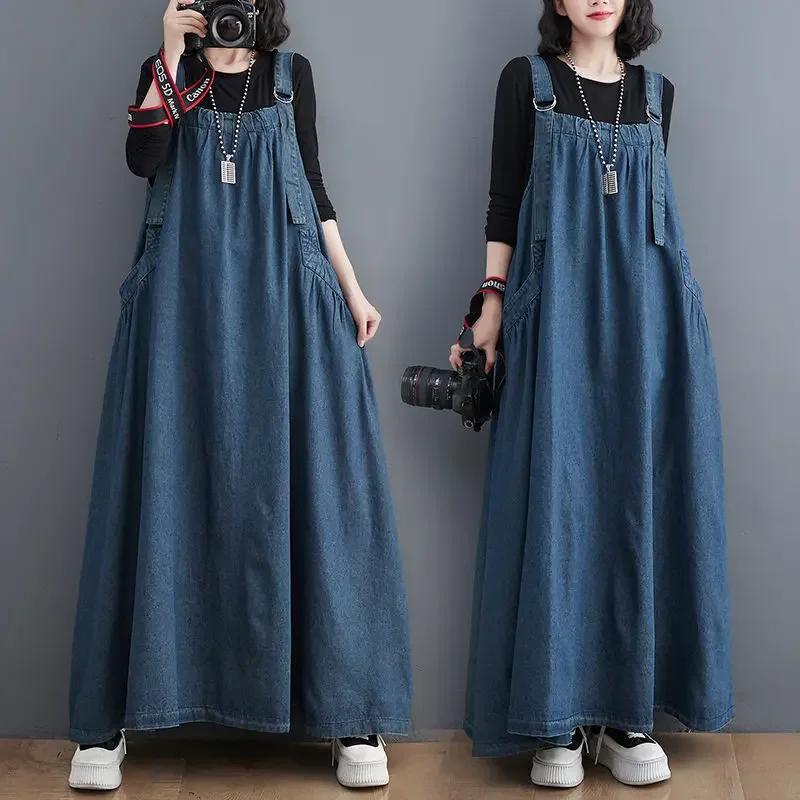 Large Size Women's Denim Clothing Autumn Sleeveless Suspender Dress Temperament Loose A-Line Long Strap Jeans Vestidos