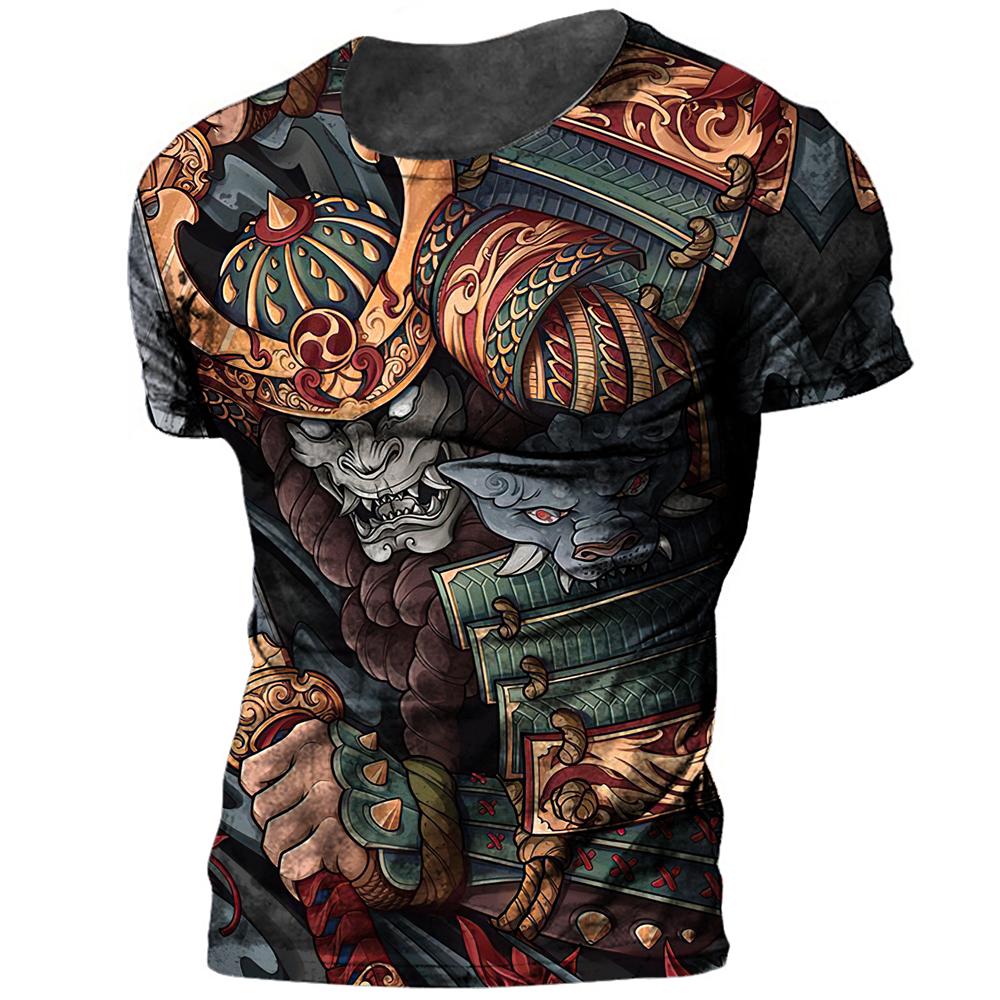 Japan Samurai Print Men's T Shirt Summer O-neck Oversized Tees Casual Short Sleeved Pullover Tops 2024 New Punk Cool Streetwear