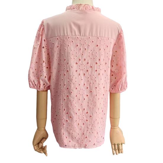 Women Tops V-Neck Puff Short Sleeves Hollow Out Crochet Shirt Solid Color Loose Fit Blouse Outdoor Leisure Wear
