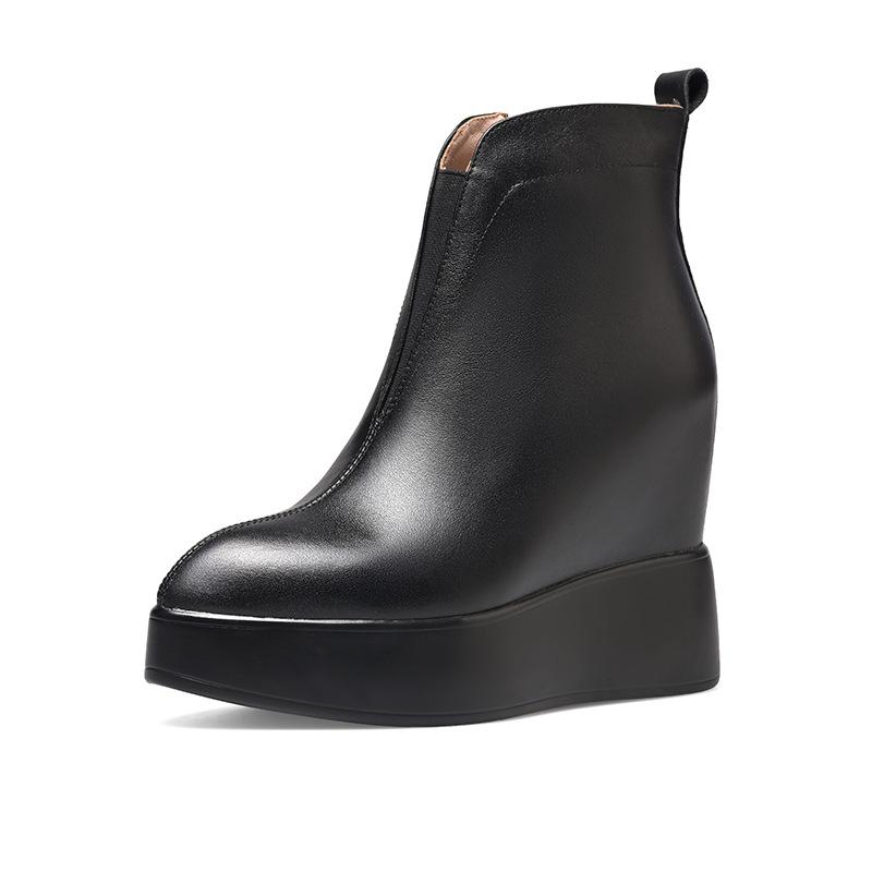 12Cm ultra-high heel leather inner height-increasing short boots 2025 autumn and winter new pointed-toed thick-soled British V-mouth Chelsea boots