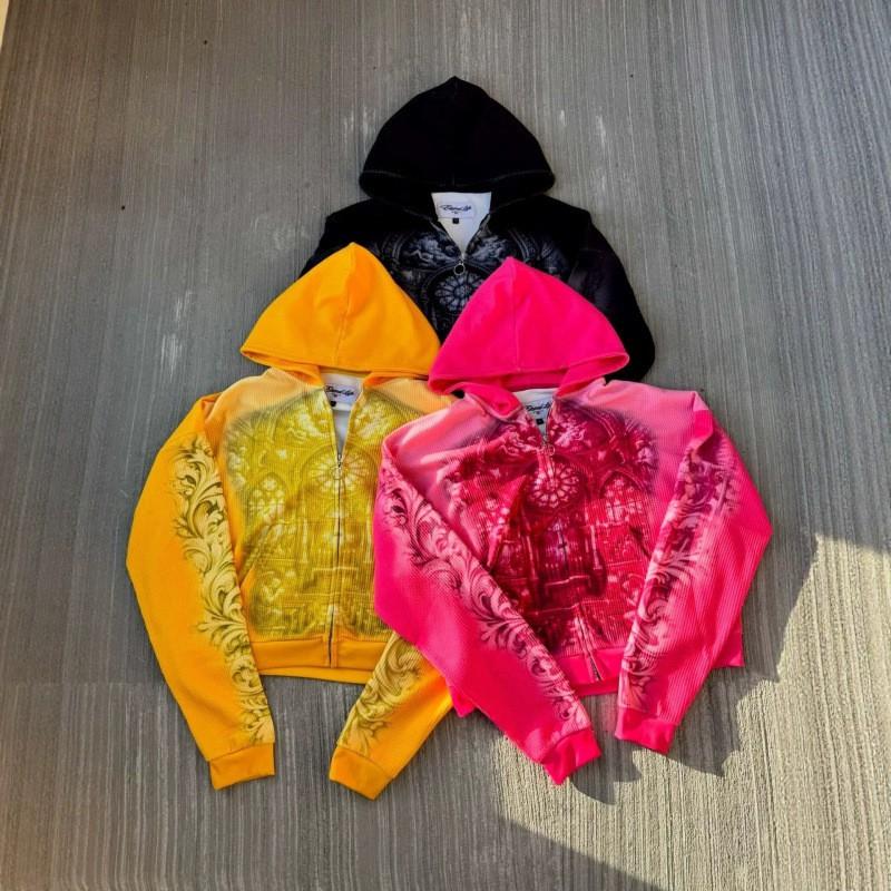Y2K Vintage Court Zip Up Hoodie Bright Yellow Church Oil Painting Gradient Print Streetwear