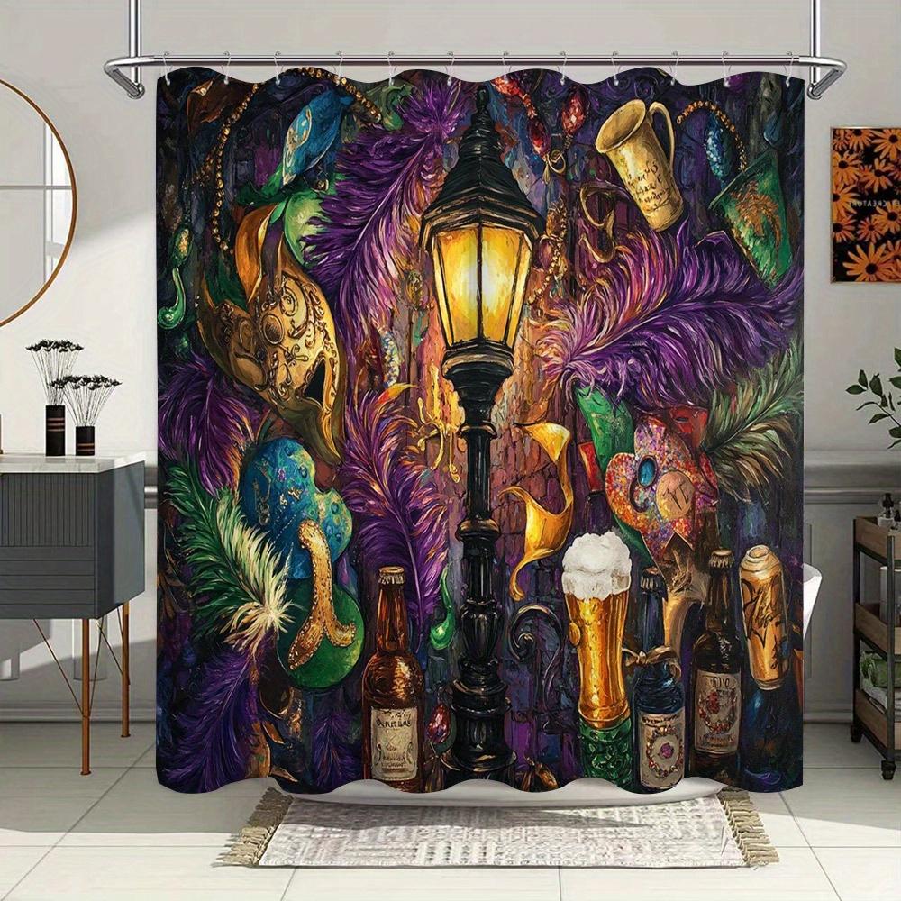 

Vintage Streetlamp Shower Curtain - Masks, Feathers, Carnival Theme, Polyester Fabric, Includes 12 Hooks W90xH180cm