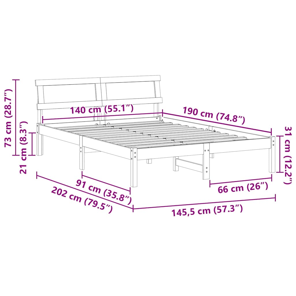 Bed Frame Wax Brown 140 X 190 Cm Solid Pine Wood