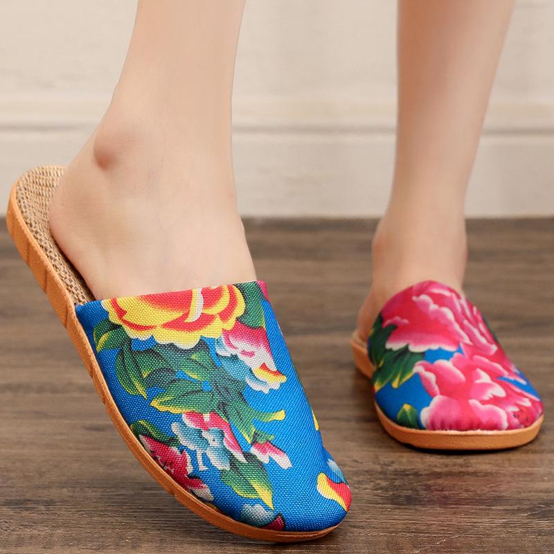 Women's Ethnic Peony Print Linen Half Slippers - Large Size