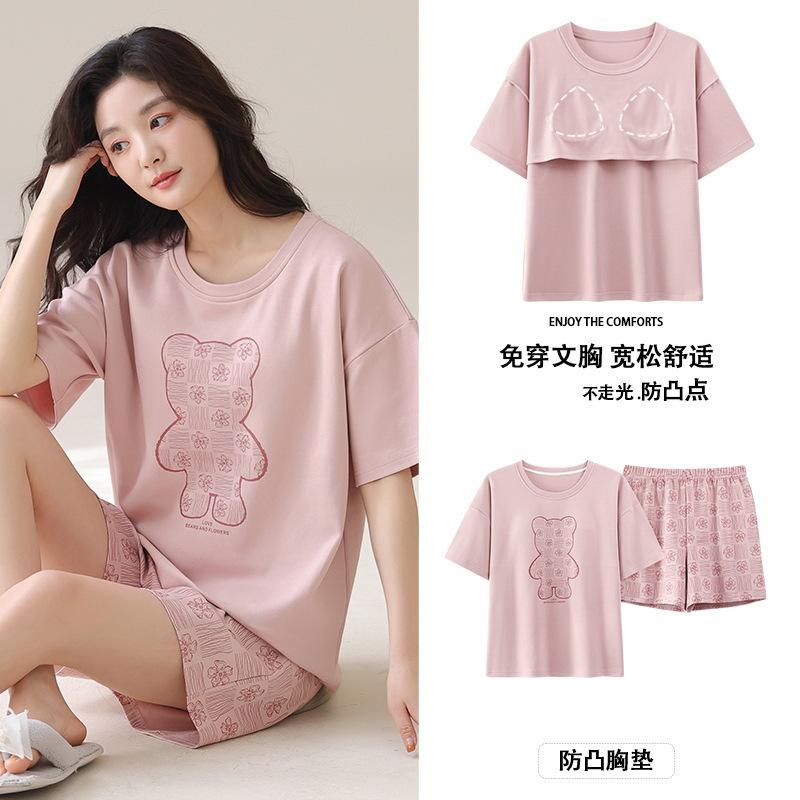 

Pajamas with chest pads, short sleeves, shorts, women s summer thin pure cotton cartoon, cute summer can wear loungewear female m【 40-47.5kg 】