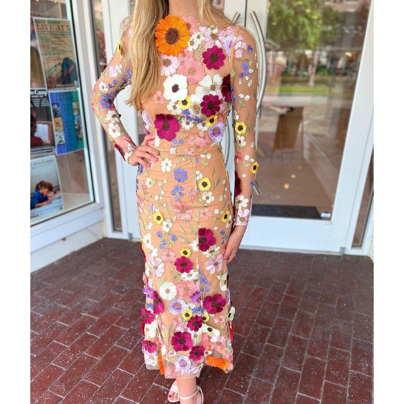 Fashion Spring and Autumn round Neck Color Three-Dimensional Flower Embroider Mesh Slim Fit Sheath Fishtail Dress Dress Dress Dress