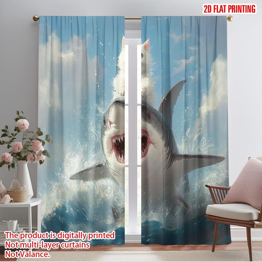

2 шт., 2D печать на плоскости Креативные шторы SharkRiderCat Прочный полиэстер (без удилища) Украшения для дома для разных комнат, 52.50×116.00 CM 2pcs