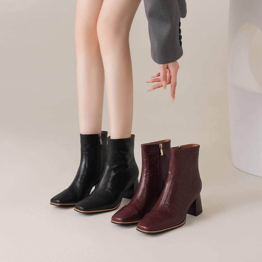 Krazing Pot Sheepskin Autumn Winter Shoes Thick High Heels Big Size 43 Modern Boots Square Toe Keep Warm Zip Pleated Design Ankle Boots