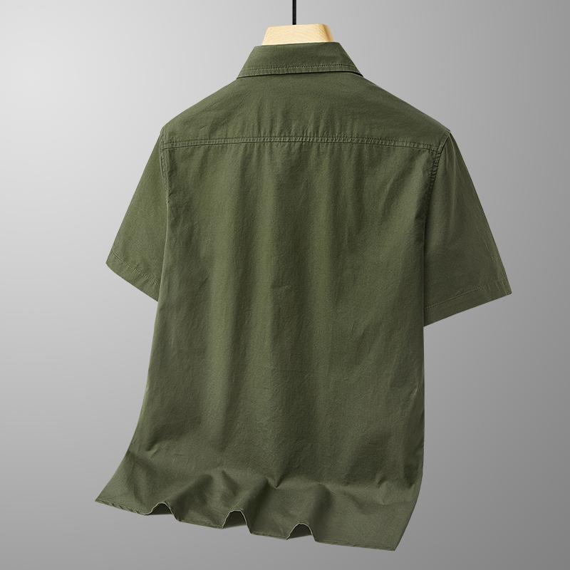 Men's Summer Cotton Short Sleeve Polo Collar Shirt Multiple Pockets Workwear Loose Plus Size Thin Casual Top for Middle Aged Young