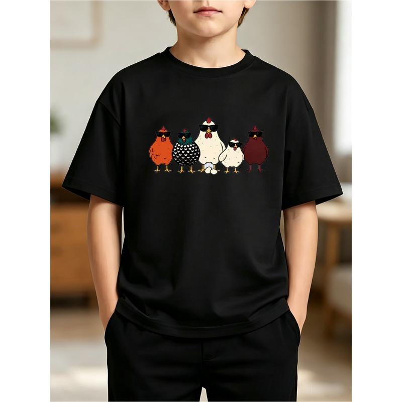 European sizes Boys' Graphic T-Shirt Loose Casual Short Sleeve Crew Neck Cool Chickens with Sunglasses Print Birthday Gift Kids Outfit