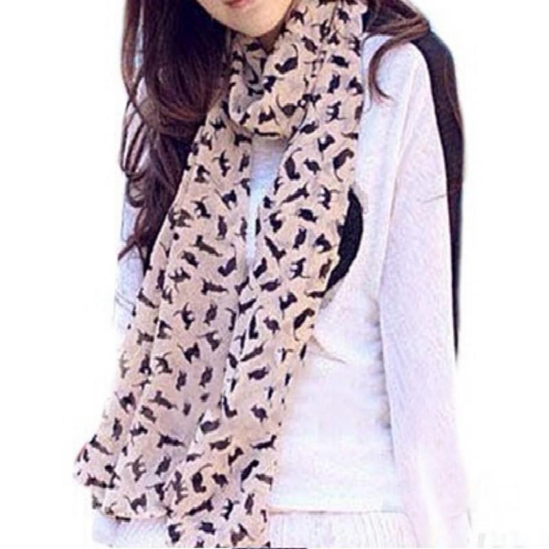 Colorful Chiffon Printed Sweet Fashion Cartoon Cat Kitten Scarf Graffiti Style Shawl Girls Christmas