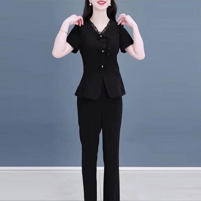 

Luxury-lite Solid-color Set - Women s Summer Elegant Style Short-sleeved Shirt and Casual Pants Two-piece Set for Women 4XL чорний