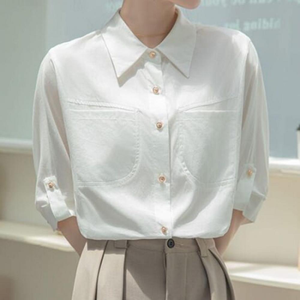 Navava Women Casual Retro Short Sleeve Collar Shirt Nb2807