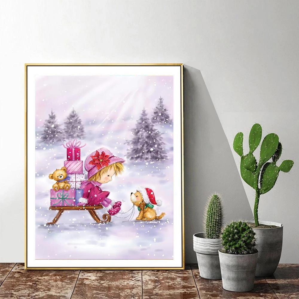 Peinture diamant fille et chien 5D, broderie complète de diamants carrés, mosaïque de neige, faite à la main, cadeau de noël