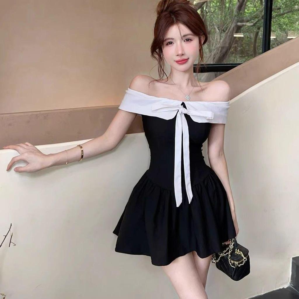 French One-Shoulder Colorblock Bow Dress: Autumn Slimming A-line Mini Skirt for Women