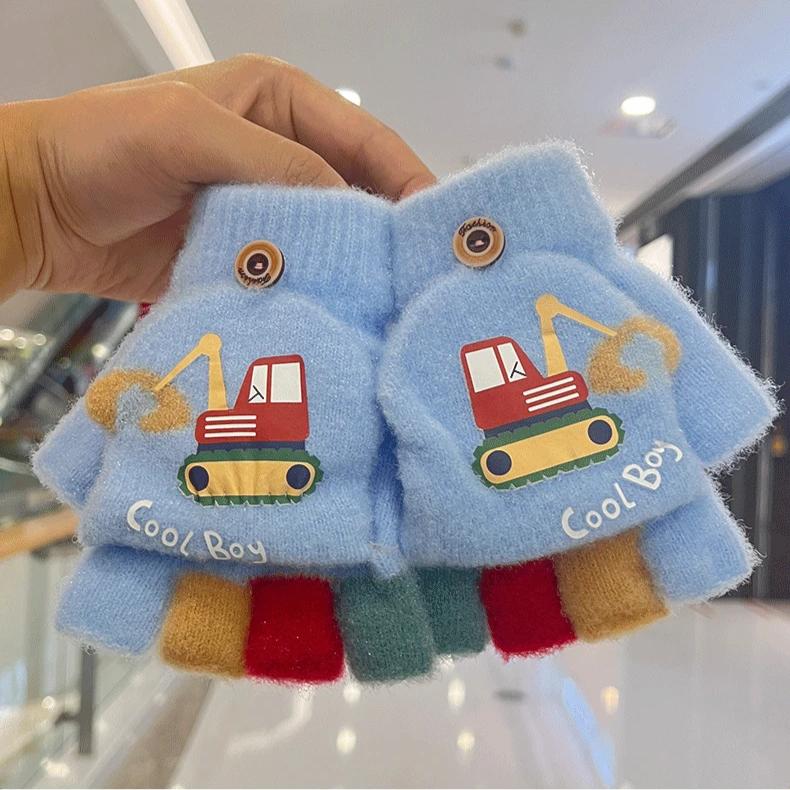 Guantes de Invierno de Dibujos Animados para Niño Lindo Excavadora Gruesos Cálidos Niños Medio Dedo Manoplas Abatibles Exterior Niño Pequeño Cortavientos Guantes para Niños
