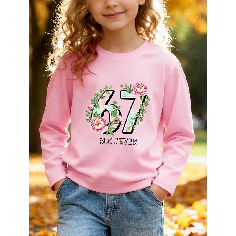 Kids Unisex Crewneck Sweatshirt, Watercolor Pink Peony Ivy Gradient 67 SIX SEVEN Print Long Sleeve Pullover, Soft Sweatshirts for Boys Girls Ages 4+