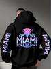 Street Culture Symbol Print Hellblau Gradient Sonnenuntergang + Palme. Herren Herbst-Winter Kapuzenpullover mit Miami-Schriftmuster-Print