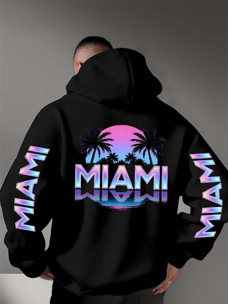 Street Culture Symbol Print Hellblau Gradient Sonnenuntergang + Palme. Herren Herbst-Winter Kapuzenpullover mit Miami-Schriftmuster-Print