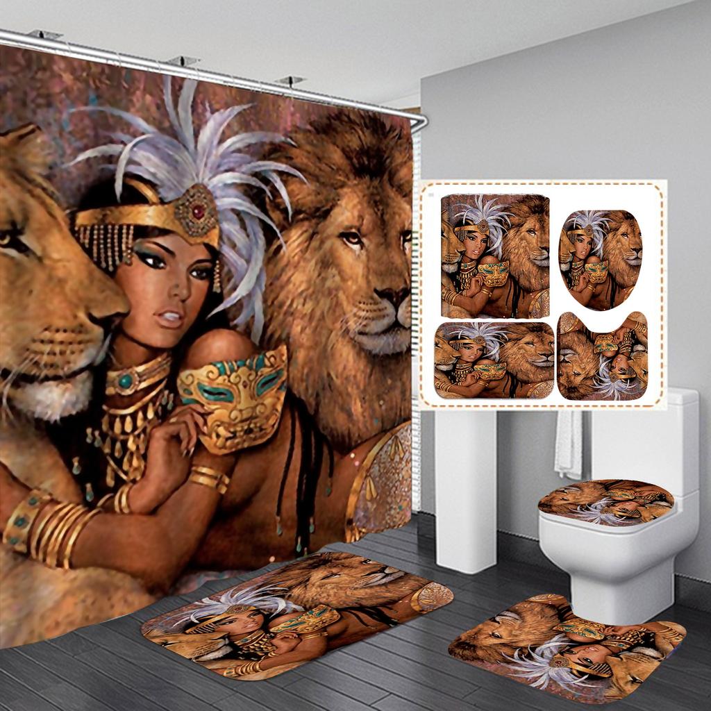 Seturi de perdele de duș din seria Lion 4 buc pentru baie Covoare de baie antiderapante Capac capac de toaletă Covoraș de baie