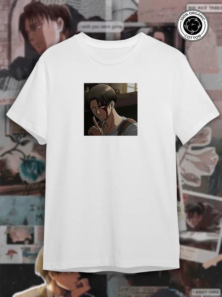 TeeSensation White Crew Neck Short Sleeve T-Shirt with Levi Ackerman Blood Anime Print