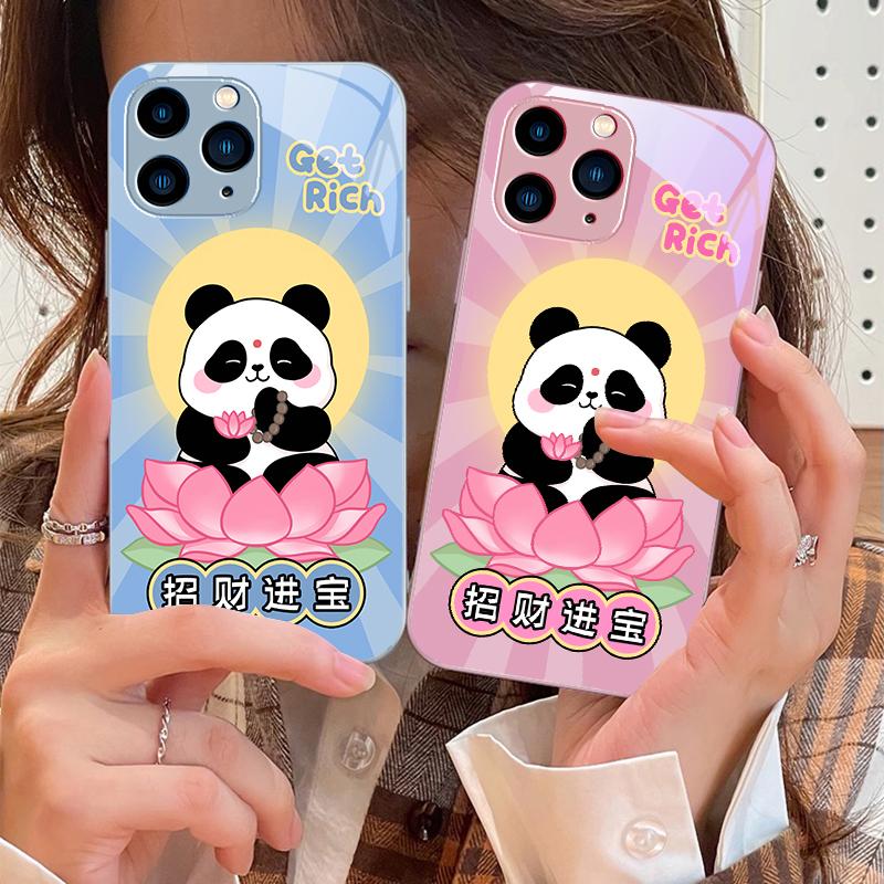 Sitting Lotus Panda For IPhone 16 Pro Max 15 Pro 14 13 12 Mini 11 XS Max XR 7 8 Plu SE 2022 Tempered Glass Phone Case